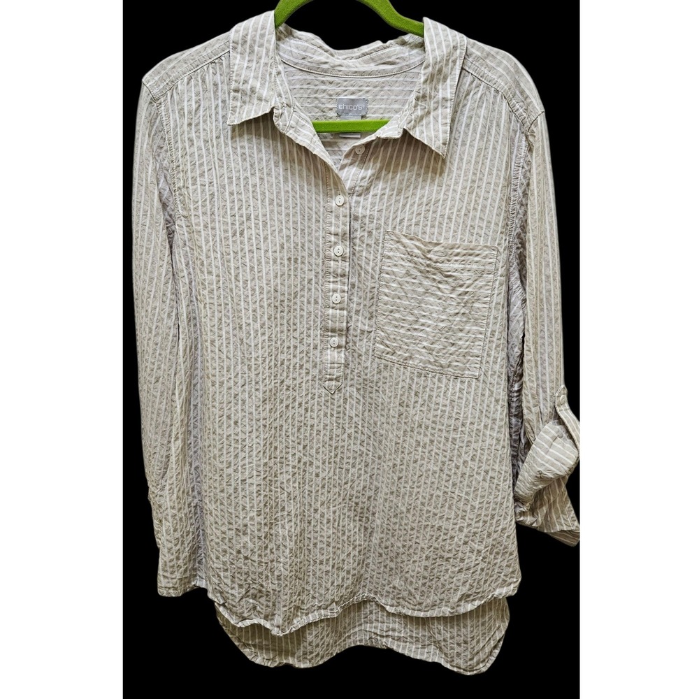 Chico's Striped Roll Tab Sleeve Button Down Top Beige Women's Size 3 (16/18)